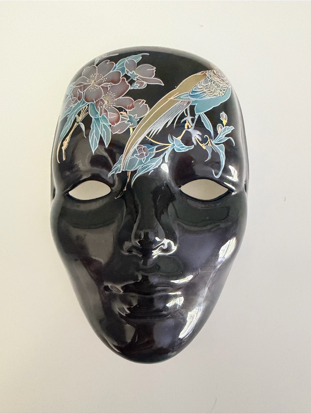 Vintage Glossy Ceramic Mardi Gras Mask Black Bird Floral New Orleans Design